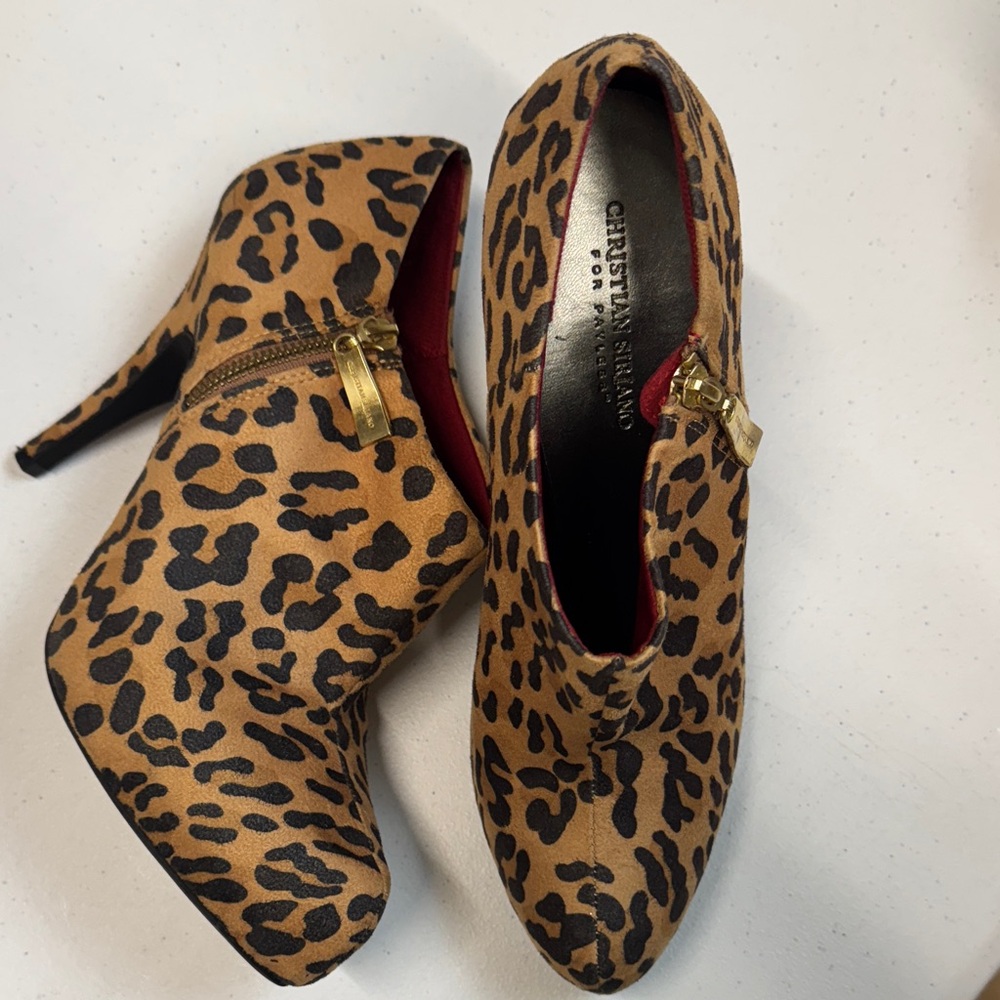Christian Siriano Tan and Black Animal Print Ankle Booties Shoes Size 12